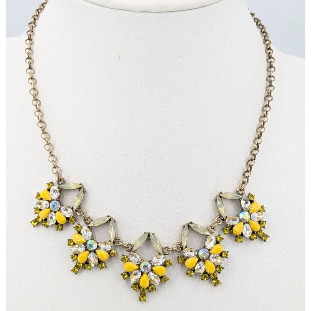 LOFT Statement Necklace Yellow Green Rhinestone Floral Gold Tone Resin 19 Inch